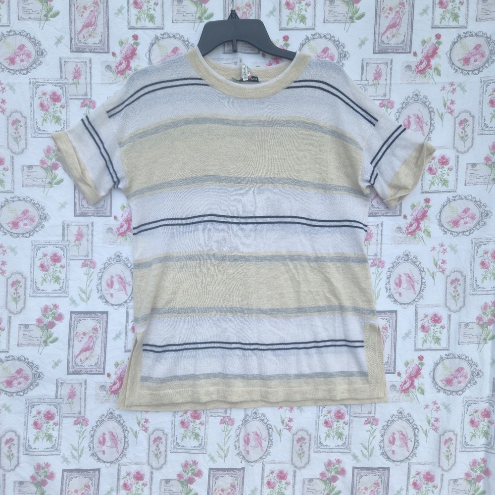 Womens‎ Autumn Cashmere M 100% Pure Cashmere Striped Sweater Top BeigeWhite